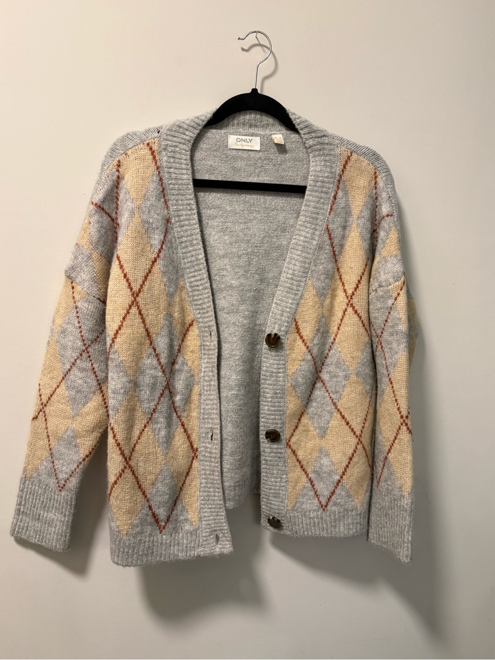 Only Light Gray Argyle Cardigan with Beige and Rust Detail